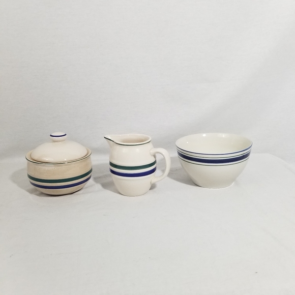 VTG cream with green and blue strip sugar, creamer and bowl set. - Picture 2 of 10
